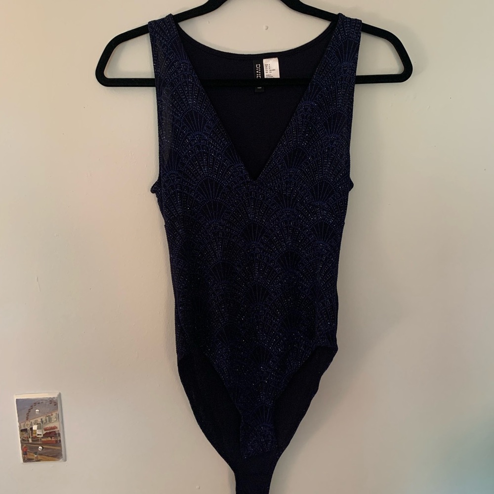 H&M Navy Blue and Black Sparkly Deep V-Neck Bodysuit, Size Small